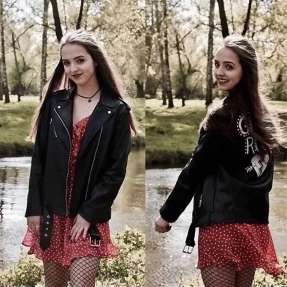 Zara Vegan Leather Edgy Moto Biker Jacket XS Girls Rule Slogan Bloggers Favorite - Picture 12 of 16